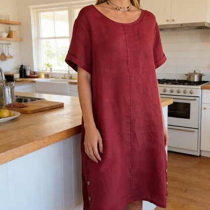 🌞Frühlingserwachen: 50% Rabatt!✨Damen Lässiges Leinen-Optik Tunika-Kleid – Mit Seitentaschen & Seitenknöpfen, 100% Baumwolle für Garten & Alltag