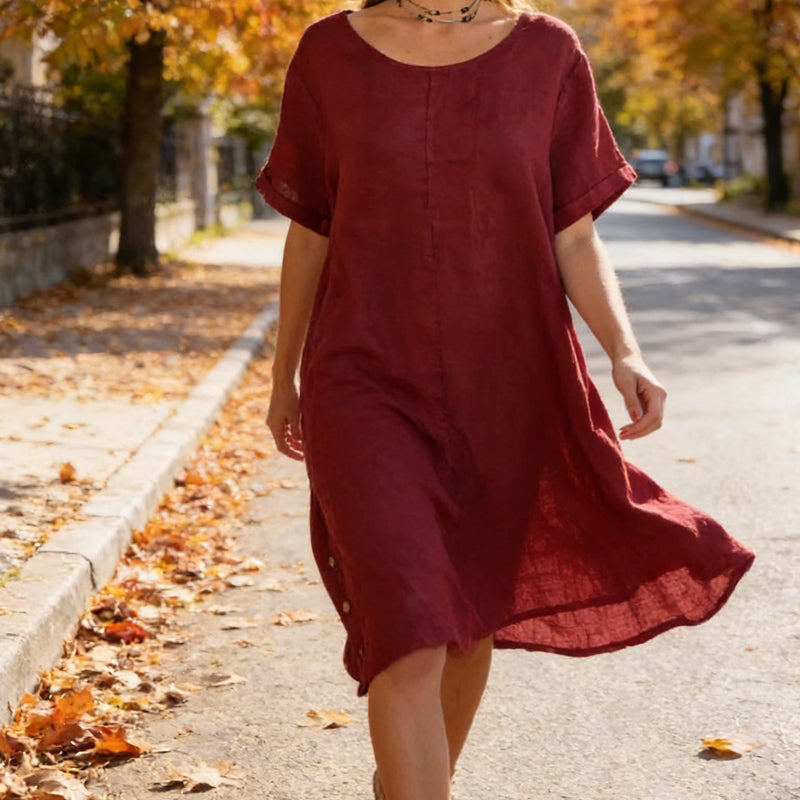 🌞Frühlingserwachen: 50% Rabatt!✨Damen Lässiges Leinen-Optik Tunika-Kleid – Mit Seitentaschen & Seitenknöpfen, 100% Baumwolle für Garten & Alltag
