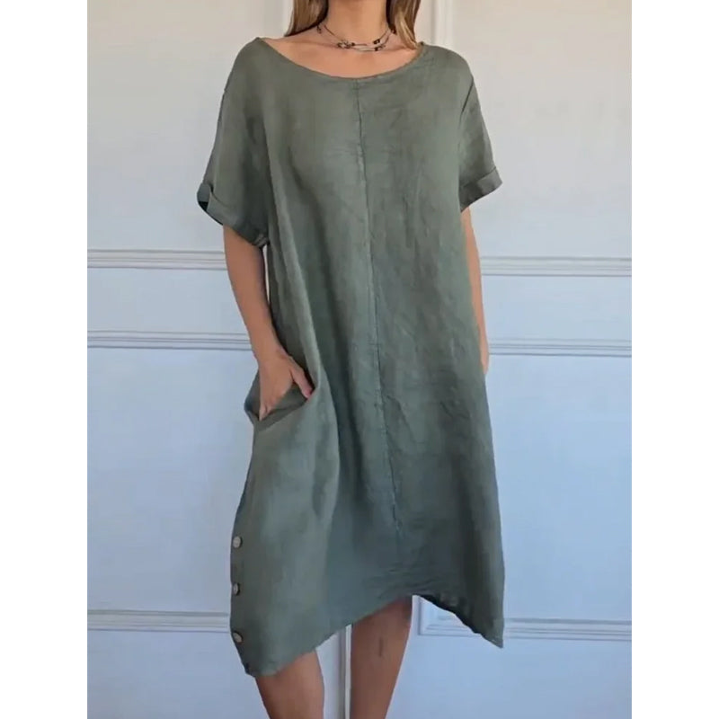 🌞Frühlingserwachen: 50% Rabatt!✨Damen Lässiges Leinen-Optik Tunika-Kleid – Mit Seitentaschen & Seitenknöpfen, 100% Baumwolle für Garten & Alltag