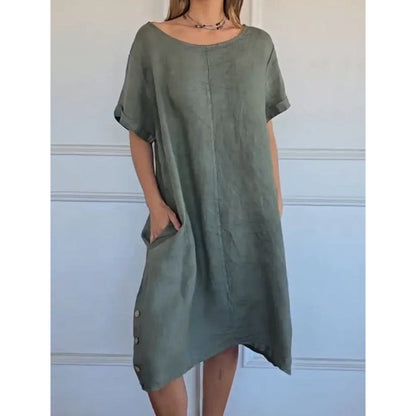 🌞Frühlingserwachen: 50% Rabatt!✨Damen Lässiges Leinen-Optik Tunika-Kleid – Mit Seitentaschen & Seitenknöpfen, 100% Baumwolle für Garten & Alltag