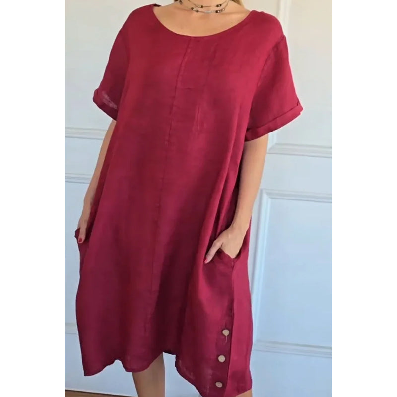 🌞Frühlingserwachen: 50% Rabatt!✨Damen Lässiges Leinen-Optik Tunika-Kleid – Mit Seitentaschen & Seitenknöpfen, 100% Baumwolle für Garten & Alltag