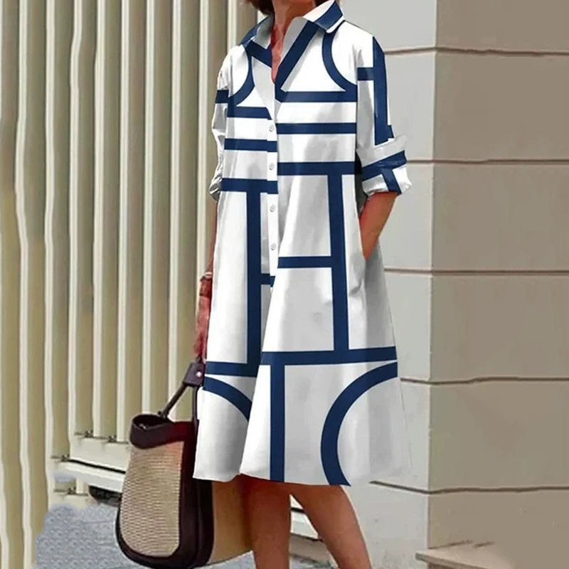 🌞Frühlingserwachen: 50% Rabatt!✨ Damen Elegantes Blockprint Hemdkleid – Lockerer Schnitt & Knopfbarer Ausschnitt