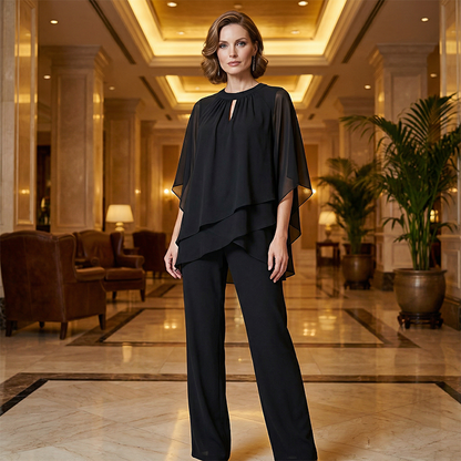 🌞Frühlingserwachen: 50% Rabatt!✨Festliches Chiffon-Set: Figurschmeichelnder Zweiteiler im Lagen-Look mit weiter Hose