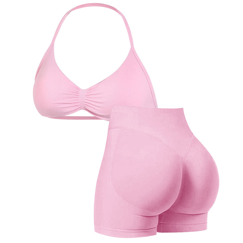 🌞Frühlingserwachen: 50% Rabatt!💜Damen Nahtloses Yoga Set – Neckholder-Top & Hoher Bund Shorts, Formgebend & Hohe Elastizität für Fitness & Yog