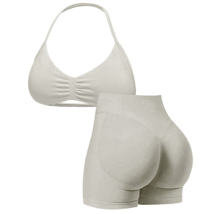 🌞Frühlingserwachen: 50% Rabatt!💜Damen Nahtloses Yoga Set – Neckholder-Top & Hoher Bund Shorts, Formgebend & Hohe Elastizität für Fitness & Yog