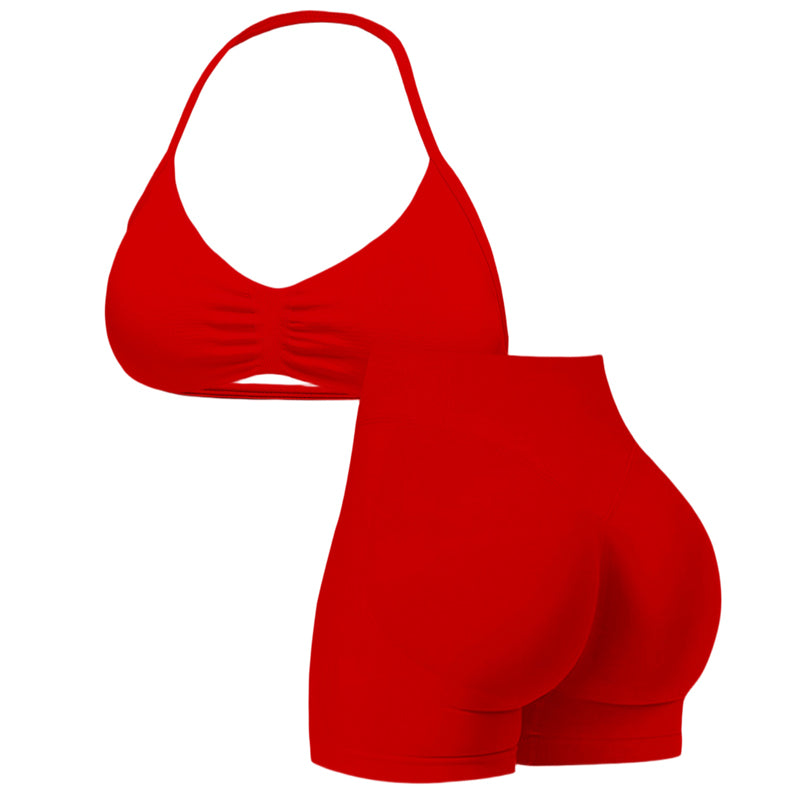 🌞Frühlingserwachen: 50% Rabatt!💜Damen Nahtloses Yoga Set – Neckholder-Top & Hoher Bund Shorts, Formgebend & Hohe Elastizität für Fitness & Yog