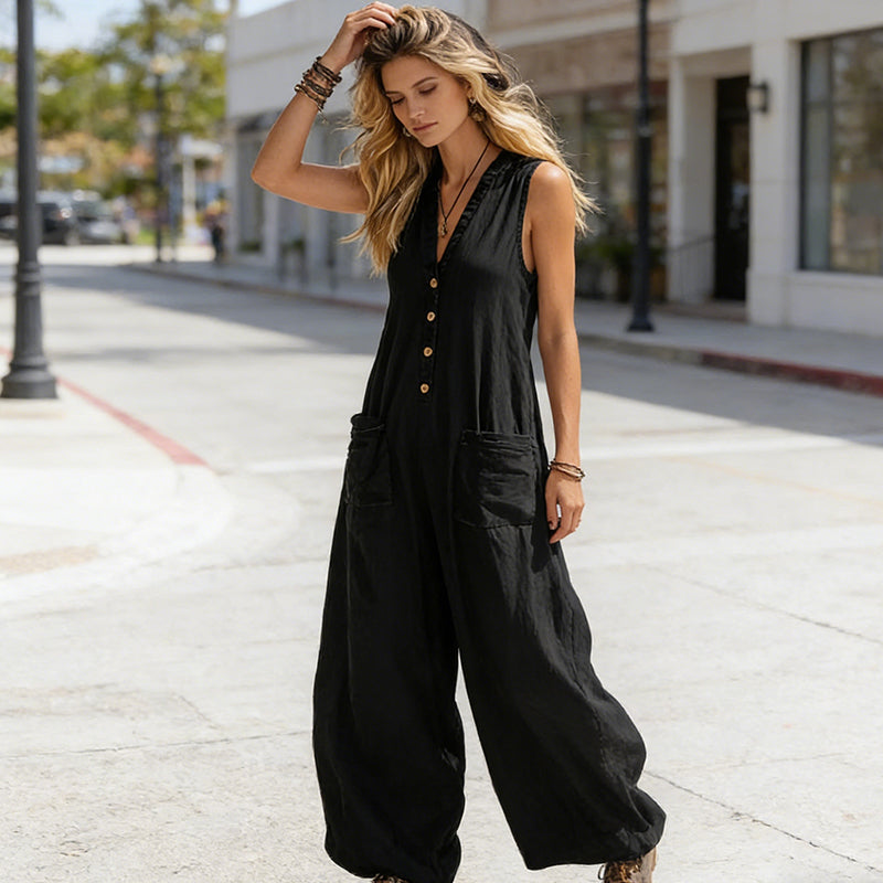 🌞Frühlingserwachen: 50% Rabatt!Eleganter V-Ausschnitt Overall: Ärmelloser Jumpsuit mit Knopfleiste im lockeren Schnitt