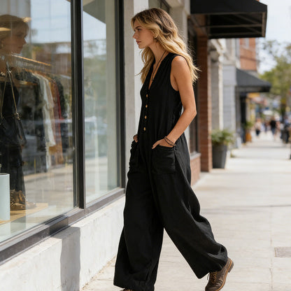 🌞Frühlingserwachen: 50% Rabatt!Eleganter V-Ausschnitt Overall: Ärmelloser Jumpsuit mit Knopfleiste im lockeren Schnitt