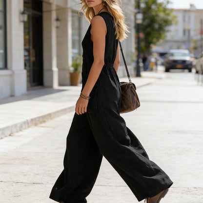 🌞Frühlingserwachen: 50% Rabatt!Eleganter V-Ausschnitt Overall: Ärmelloser Jumpsuit mit Knopfleiste im lockeren Schnitt