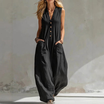 🌞Frühlingserwachen: 50% Rabatt!Eleganter V-Ausschnitt Overall: Ärmelloser Jumpsuit mit Knopfleiste im lockeren Schnitt