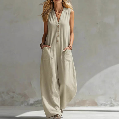 🌞Frühlingserwachen: 50% Rabatt!Eleganter V-Ausschnitt Overall: Ärmelloser Jumpsuit mit Knopfleiste im lockeren Schnitt