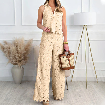 🌞Frühlingserwachen: 50% Rabatt!✨Damen Elegantes Spitzen-Zweiteiler – Halterneck-Oberteil & Weite Hose, Atmungsaktiv & Vielseitig
