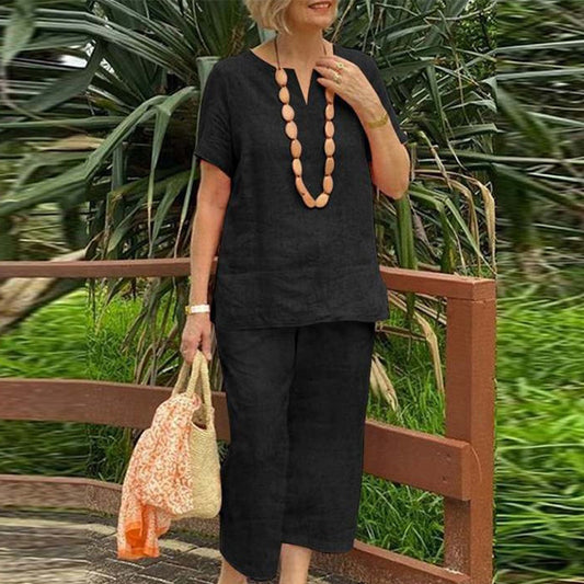 🌞Frühlingserwachen: 50% Rabatt!✨ Damen Lässiges Sommer-Set (Kurzarmhemd + Elastische Bund-Hose)