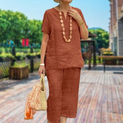 🌞Frühlingserwachen: 50% Rabatt!✨ Damen Lässiges Sommer-Set (Kurzarmhemd + Elastische Bund-Hose)