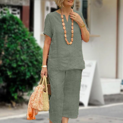 🌞Frühlingserwachen: 50% Rabatt!✨ Damen Lässiges Sommer-Set (Kurzarmhemd + Elastische Bund-Hose)