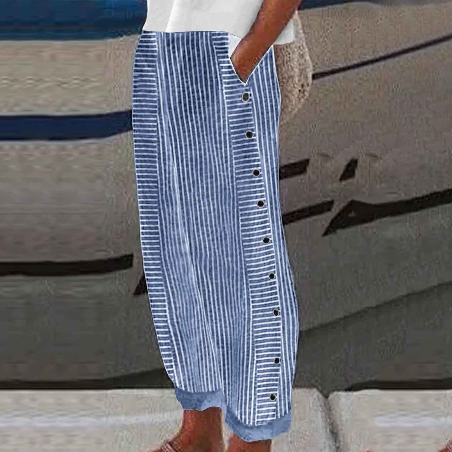 🌞Frühlingserwachen: 50% Rabatt!Maritime Sommerhose: Leichte Streifen-Hose mit Knopf-Details & Taschen