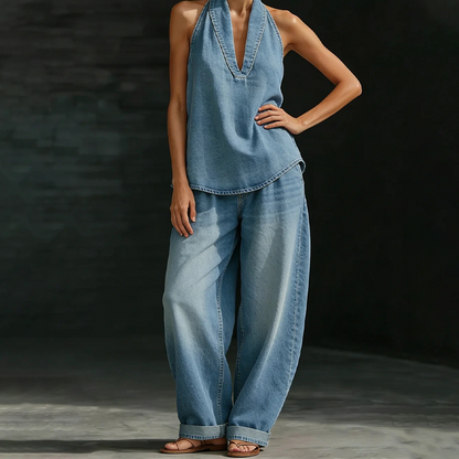 🌞Frühlingserwachen: 50% Rabatt!"Effortless Chic" Zweiteiler: Elegantes Neckholder-Top & weite Hose mit Taschen