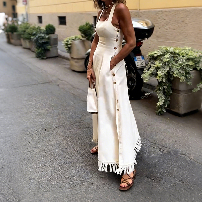 🌞Frühlingserwachen: 50% Rabatt!🔥Elegantes A-Linien Kleid: Trägerkleid mit eckigem Ausschnitt und stylischem Fransensaum