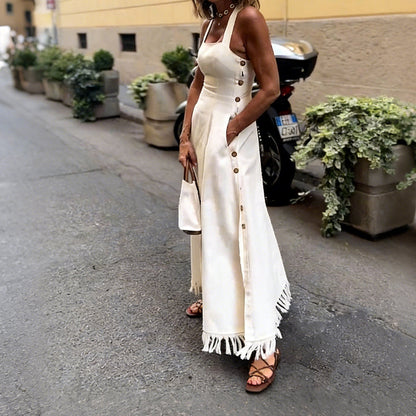 🌞Frühlingserwachen: 50% Rabatt!🔥Elegantes A-Linien Kleid: Trägerkleid mit eckigem Ausschnitt und stylischem Fransensaum