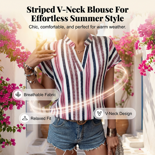 🌞Frühlingserwachen: 50% Rabatt!🔥Sommerliche Tunika-Bluse: Figurschmeichelndes Streifen-Shirt mit V-Ausschnitt
