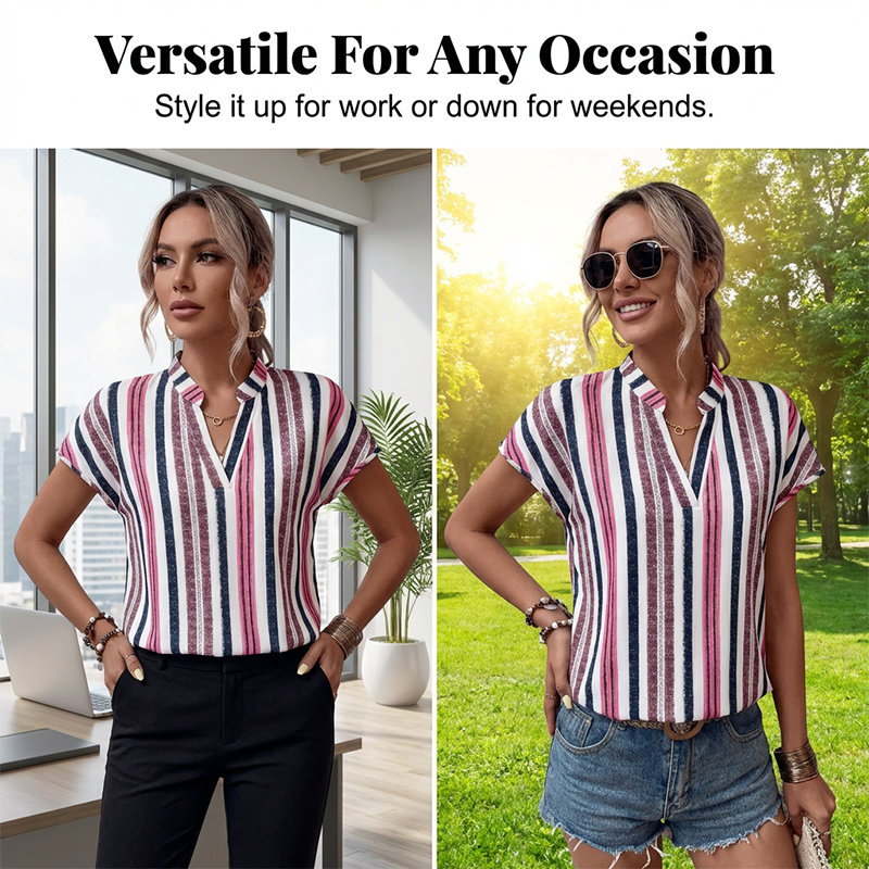 🌞Frühlingserwachen: 50% Rabatt!🔥Sommerliche Tunika-Bluse: Figurschmeichelndes Streifen-Shirt mit V-Ausschnitt