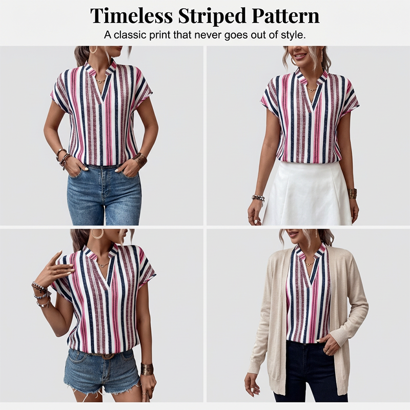 🌞Frühlingserwachen: 50% Rabatt!🔥Sommerliche Tunika-Bluse: Figurschmeichelndes Streifen-Shirt mit V-Ausschnitt