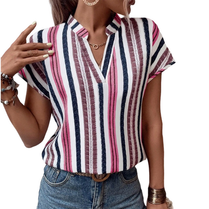 🌞Frühlingserwachen: 50% Rabatt!🔥Sommerliche Tunika-Bluse: Figurschmeichelndes Streifen-Shirt mit V-Ausschnitt
