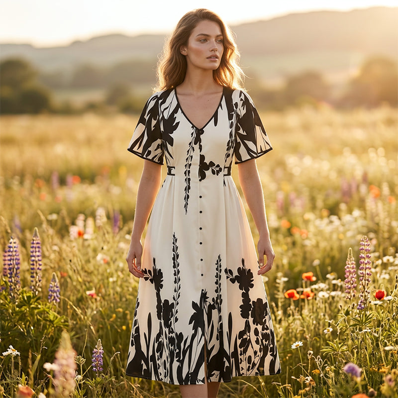 🌞Frühlingserwachen: 50% Rabatt!💎 Künstlerisches Botanik-Midikleid: Zeitlose Eleganz in A-Linie & Flatterärmeln