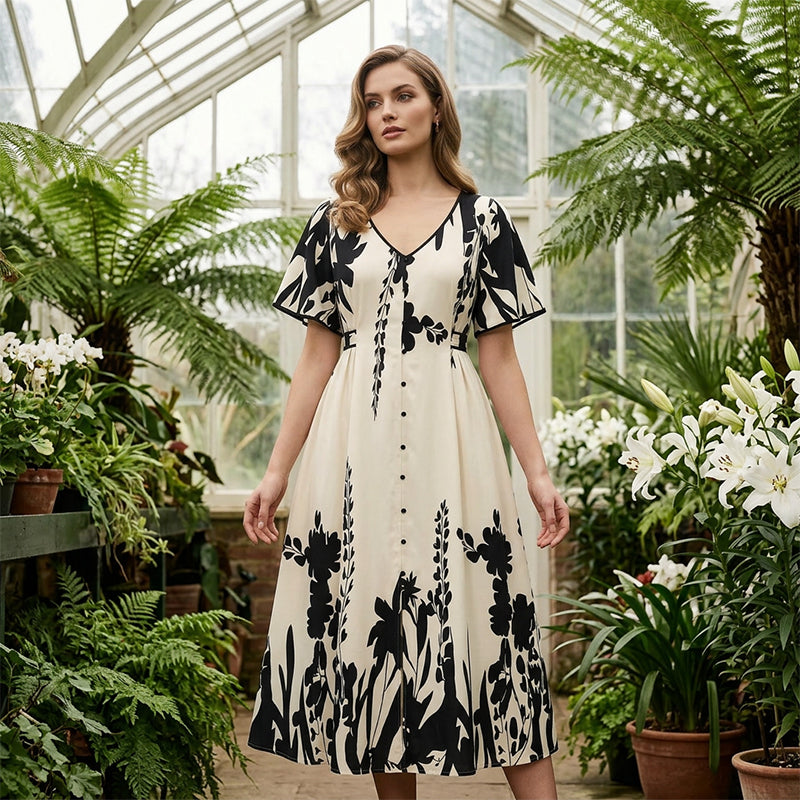 🌞Frühlingserwachen: 50% Rabatt!💎 Künstlerisches Botanik-Midikleid: Zeitlose Eleganz in A-Linie & Flatterärmeln