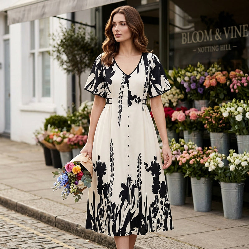 🌞Frühlingserwachen: 50% Rabatt!💎 Künstlerisches Botanik-Midikleid: Zeitlose Eleganz in A-Linie & Flatterärmeln