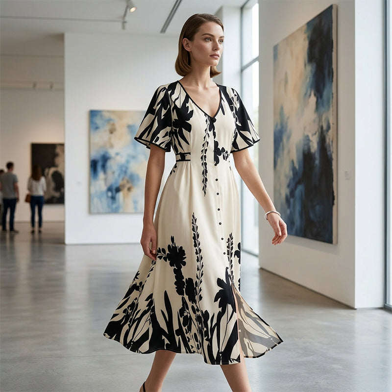 🌞Frühlingserwachen: 50% Rabatt!💎 Künstlerisches Botanik-Midikleid: Zeitlose Eleganz in A-Linie & Flatterärmeln