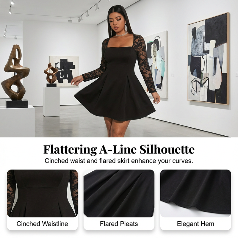 🌞Frühlingserwachen: 50% Rabatt!✨Elegantes Curvy A-Linien Kleid: Figurschmeichelndes Partykleid mit Spitzenärmeln (L-5XL)
