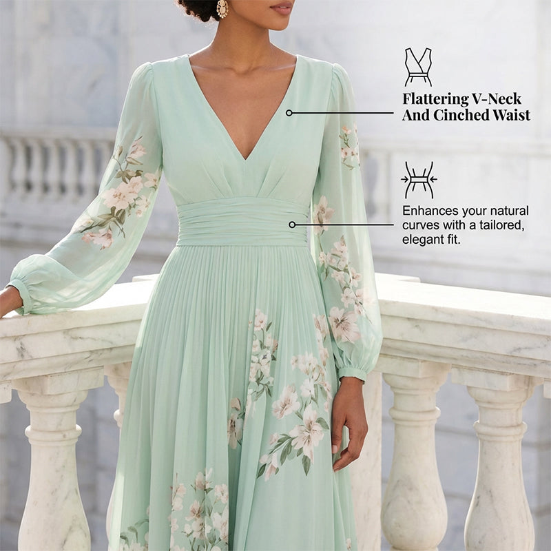 🌞Frühlingserwachen: 50% Rabatt!✨Traumhaftes Hochzeitsgast-Kleid: Figurschmeichelndes Chiffon-Plisseekleid mit floralen Details