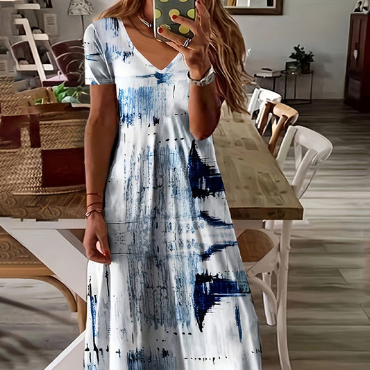 Women's Fashion Print V-Neck Short Sleeve Dress