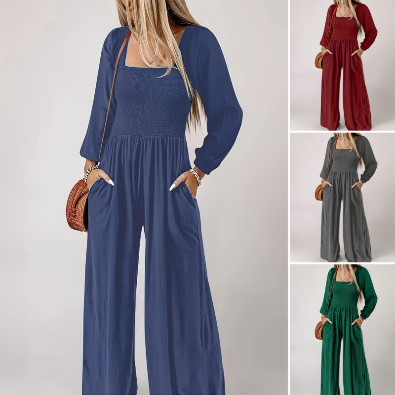 🌞Frühlingserwachen: 50% Rabatt!💎Figurschmeichelnder Damen Jumpsuit mit Smok-Brust & Weitem Bein