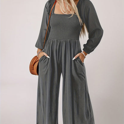 🌞Frühlingserwachen: 50% Rabatt!💎Figurschmeichelnder Damen Jumpsuit mit Smok-Brust & Weitem Bein
