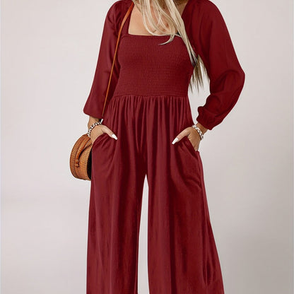 🌞Frühlingserwachen: 50% Rabatt!💎Figurschmeichelnder Damen Jumpsuit mit Smok-Brust & Weitem Bein
