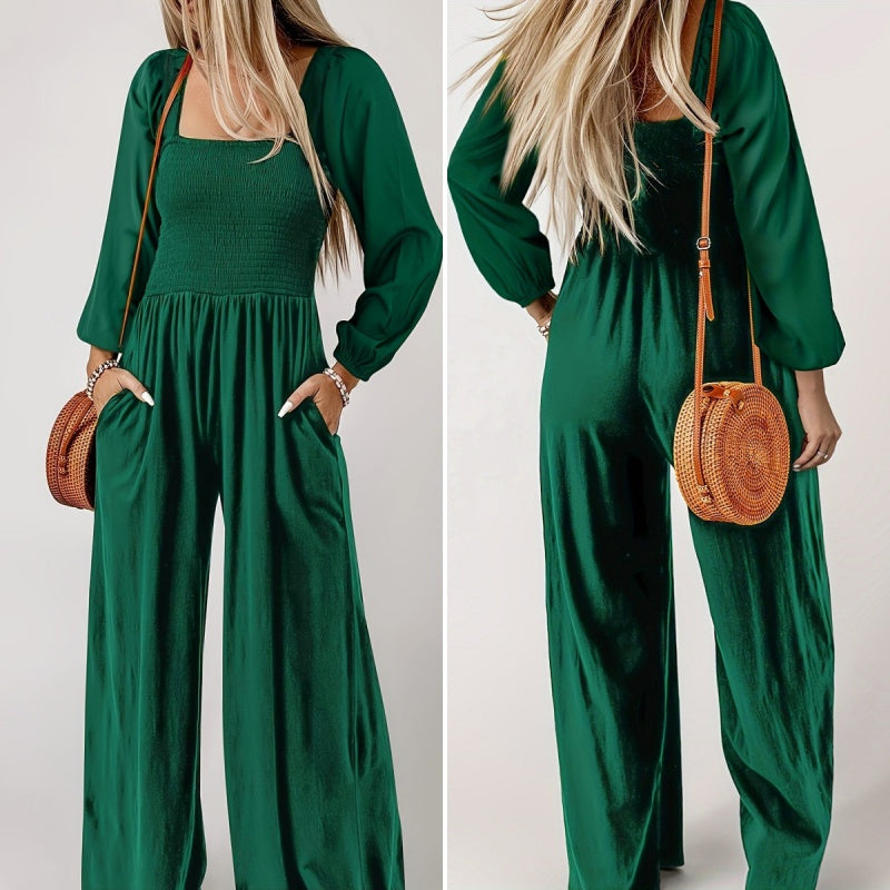 🌞Frühlingserwachen: 50% Rabatt!💎Figurschmeichelnder Damen Jumpsuit mit Smok-Brust & Weitem Bein