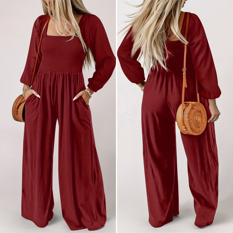 🌞Frühlingserwachen: 50% Rabatt!💎Figurschmeichelnder Damen Jumpsuit mit Smok-Brust & Weitem Bein