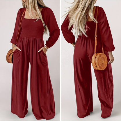 🌞Frühlingserwachen: 50% Rabatt!💎Figurschmeichelnder Damen Jumpsuit mit Smok-Brust & Weitem Bein
