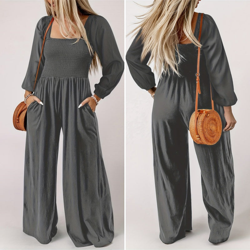 🌞Frühlingserwachen: 50% Rabatt!💎Figurschmeichelnder Damen Jumpsuit mit Smok-Brust & Weitem Bein