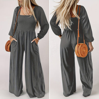 🌞Frühlingserwachen: 50% Rabatt!💎Figurschmeichelnder Damen Jumpsuit mit Smok-Brust & Weitem Bein