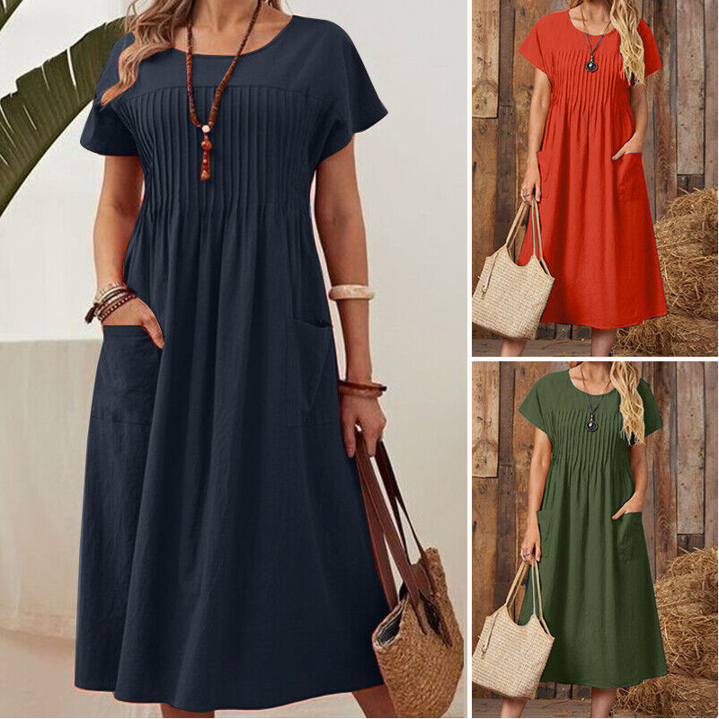 🌞Frühlingserwachen: 50% Rabatt!🌸Wohlfühl-Kleid aus Baumwoll-Leinen: Luftig, Elegant & mit Praktischen Taschen