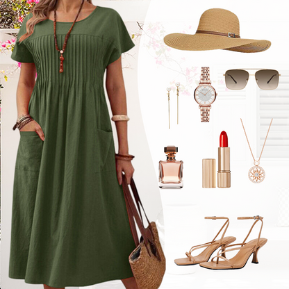 🌞Frühlingserwachen: 50% Rabatt!🌸Wohlfühl-Kleid aus Baumwoll-Leinen: Luftig, Elegant & mit Praktischen Taschen