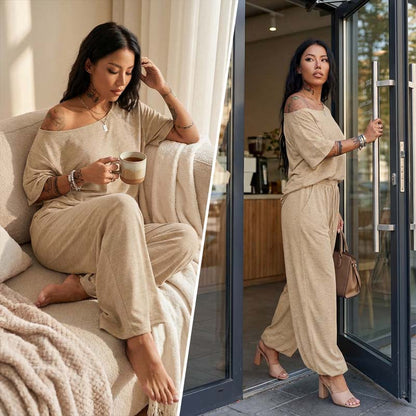 🌞Frühlingserwachen: 50% Rabatt!💎"Soft-Touch" Lounge-Set mit asymmetrischem Off-Shoulder Top & Weiter Hose