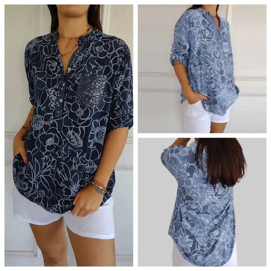 🌞Frühlingserwachen: 50% Rabatt!🌸Boho-Eleganz: Florale Tunika-Bluse mit funkelnden Pailletten & Krempelärmeln