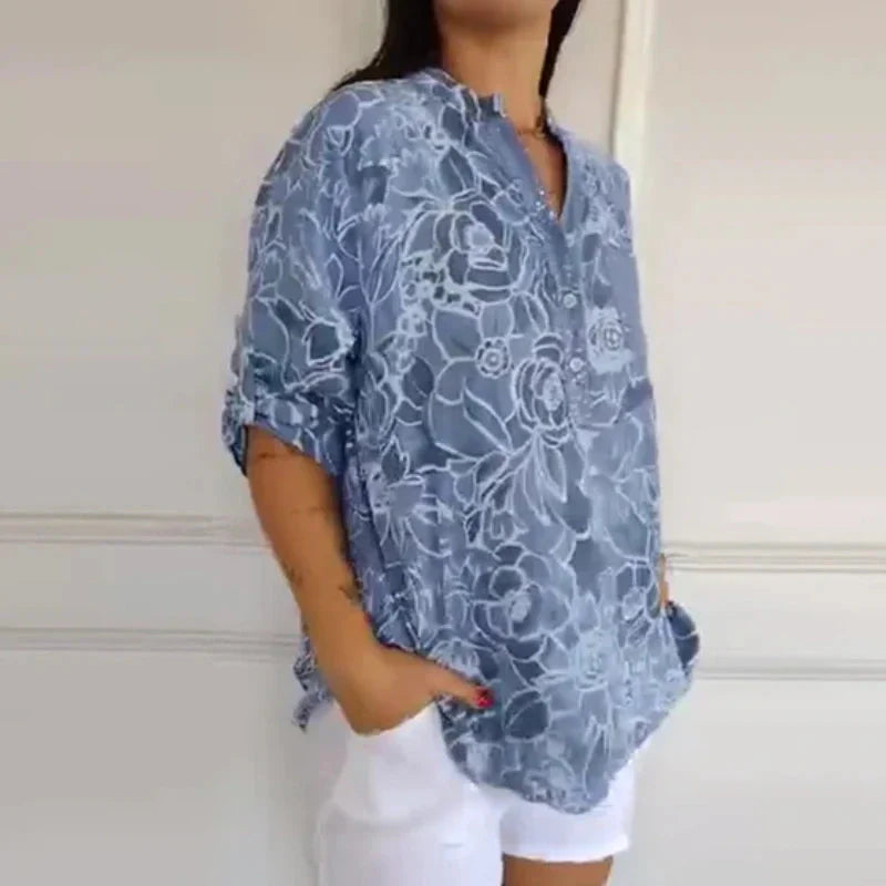 🌞Frühlingserwachen: 50% Rabatt!🌸Boho-Eleganz: Florale Tunika-Bluse mit funkelnden Pailletten & Krempelärmeln
