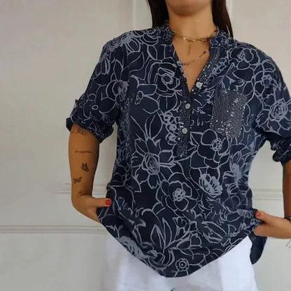 🌞Frühlingserwachen: 50% Rabatt!🌸Boho-Eleganz: Florale Tunika-Bluse mit funkelnden Pailletten & Krempelärmeln