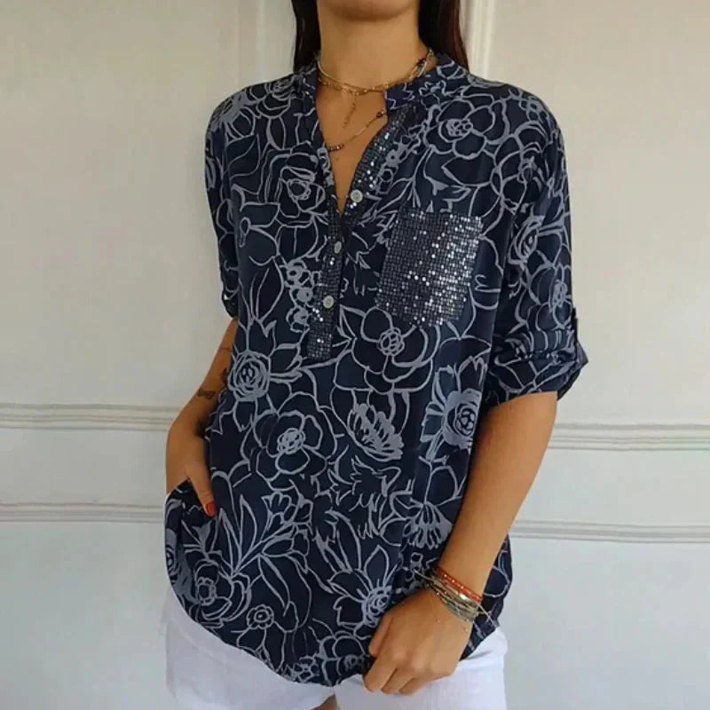 🌞Frühlingserwachen: 50% Rabatt!🌸Boho-Eleganz: Florale Tunika-Bluse mit funkelnden Pailletten & Krempelärmeln