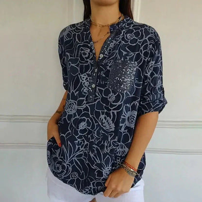 🌞Frühlingserwachen: 50% Rabatt!🌸Boho-Eleganz: Florale Tunika-Bluse mit funkelnden Pailletten & Krempelärmeln